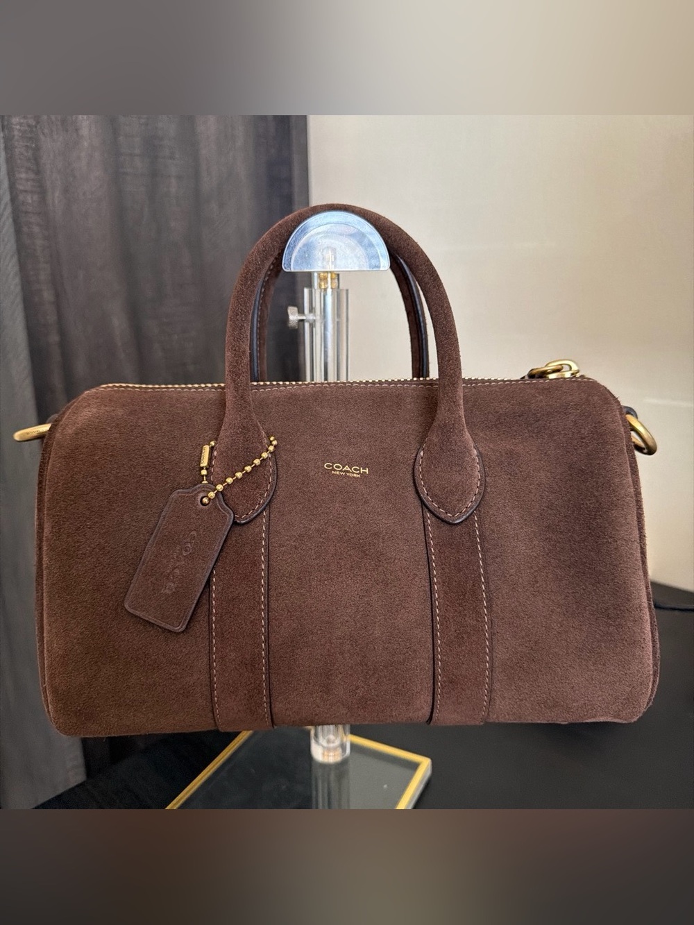 NWT Coach compass 25 chocolate brown suede top handle bag with brass hardware